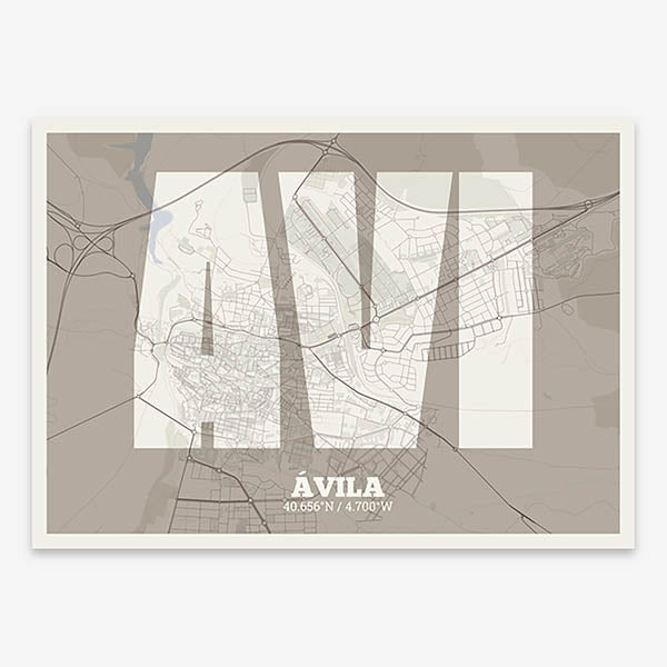 Decorative print of  composed with letters in a heavy geometric font printed on light brown and an off-white background