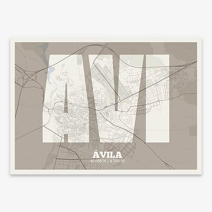 Decorative print of  composed with letters in a heavy geometric font printed on light brown and an off-white background