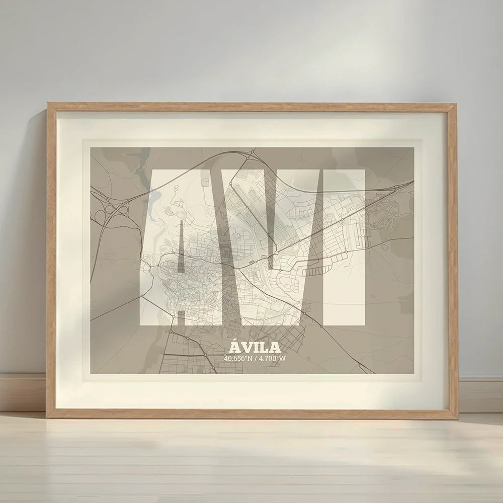 Framed Avila in Super Bold design, a typographic poster where the city map is overlaid with extra-thick lettering for a modern, high-impact look designed in light brown and an off-white background with a white margin border in a warm lit minimalist setting