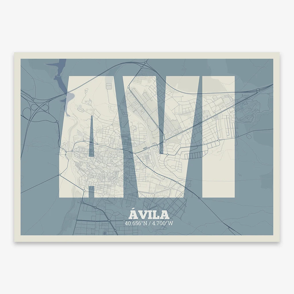 Decorative print of  composed with letters in a heavy geometric font printed on bluish gray and an off-white background
