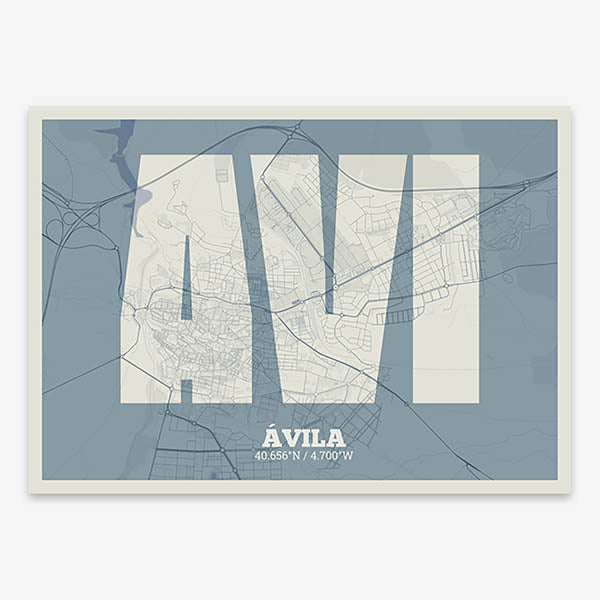 Decorative print of  composed with letters in a heavy geometric font printed on bluish gray and an off-white background