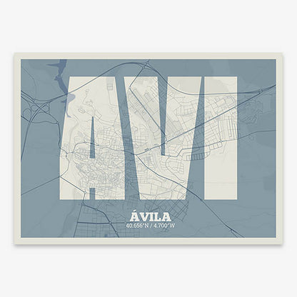 Decorative print of  composed with letters in a heavy geometric font printed on bluish gray and an off-white background