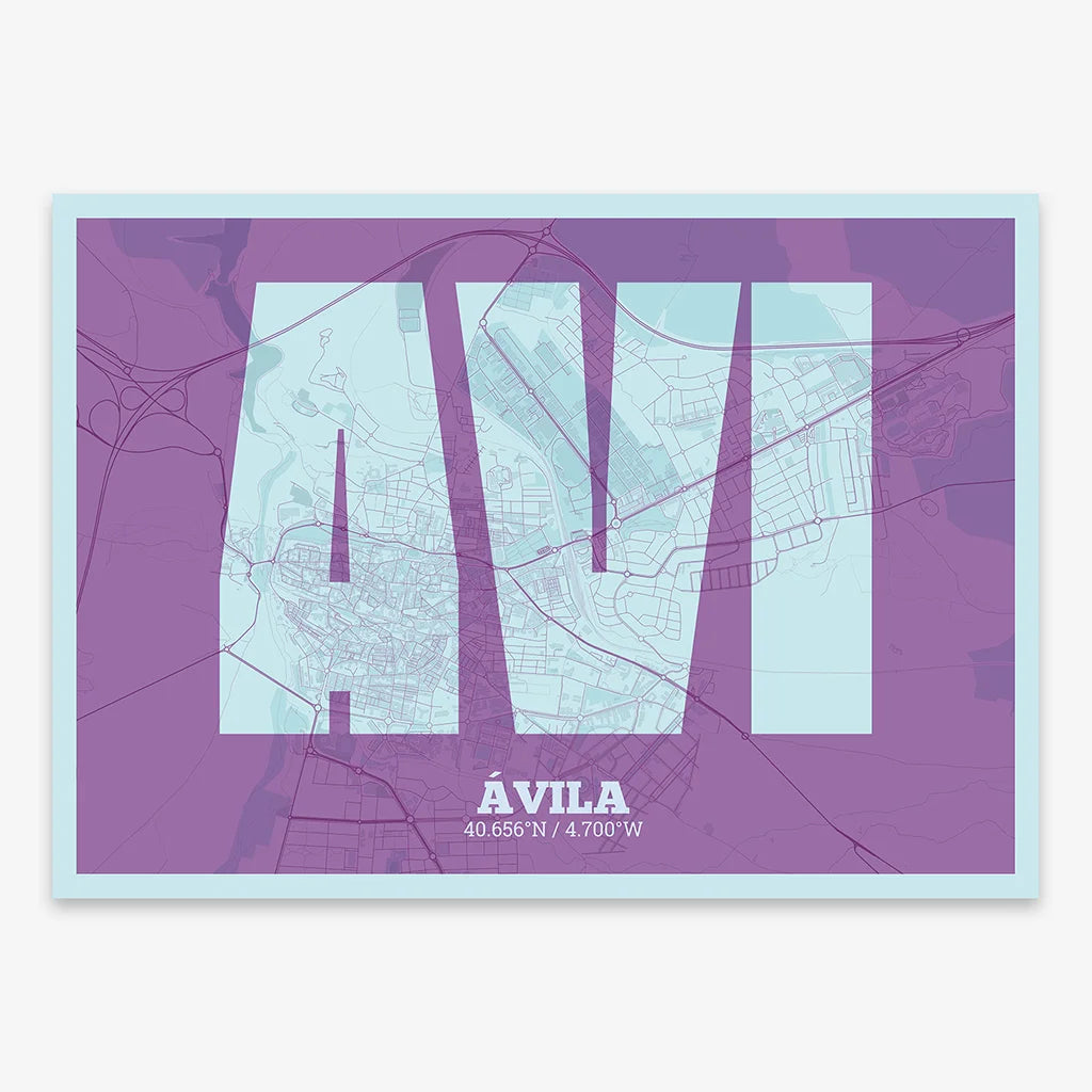 Decorative print of  composed with letters in a heavy geometric font printed on purple and light blue