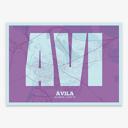 Decorative print of  composed with letters in a heavy geometric font printed on purple and light blue