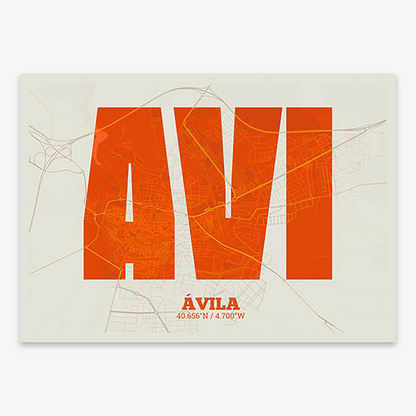 Decorative print of  composed with letters in a heavy geometric font printed on orange and an off-white background