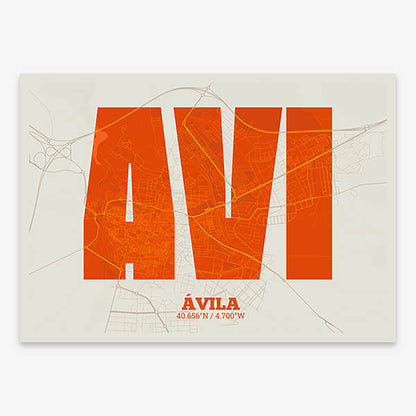 Decorative print of  composed with letters in a heavy geometric font printed on orange and an off-white background