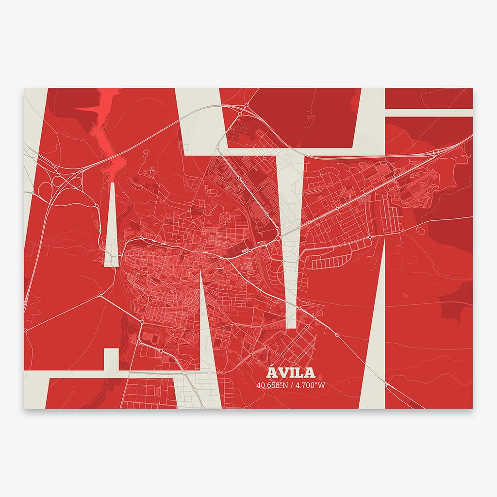 Mapa de Ávila en mi diseño la Inseparable, una visión artística con una tipografía expresiva que muestra la abreviatura del nombre sobre el mapa detallado diseñado en rojo y fondo blanco roto