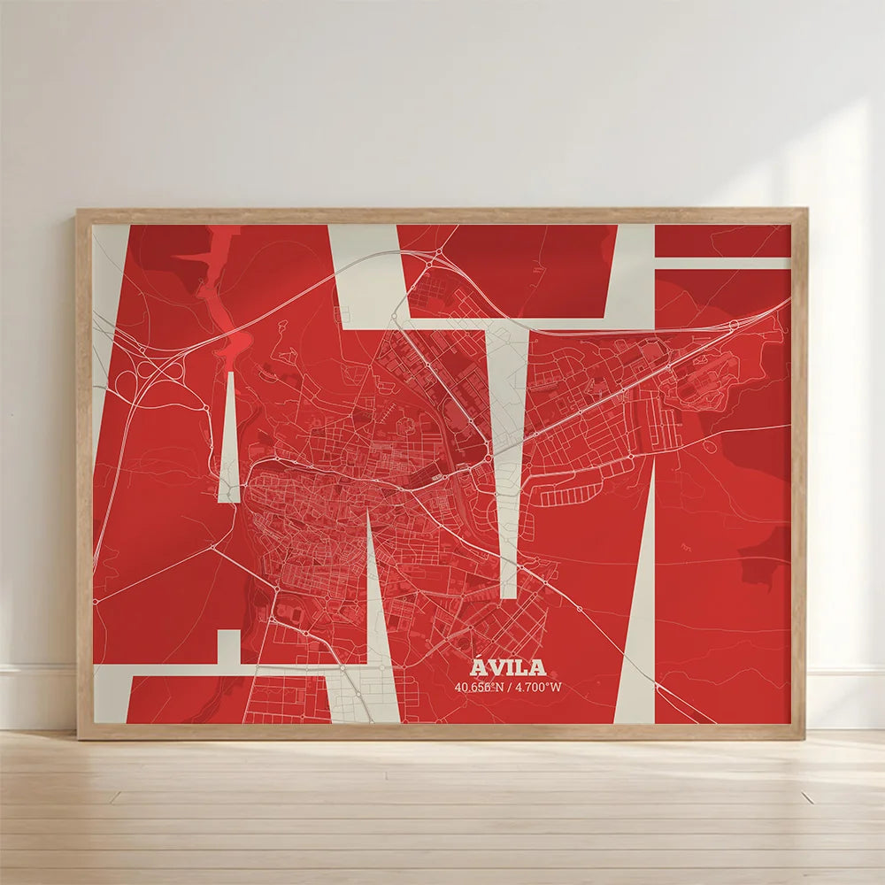Cuadro de Ávila en mi diseño la Inseparable, una visión artística con una tipografía expresiva que muestra la abreviatura del nombre sobre el mapa detallado diseñado en rojo y fondo blanco roto con impresión sin márgenes, apoyado contra la pared