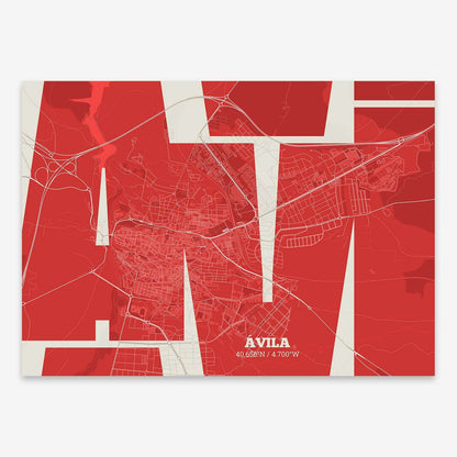 The map of Avila composed with letters from its name or IATA code printed on red and an off-white background