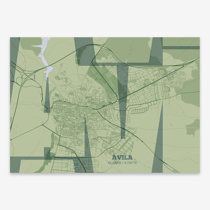 The map of Avila composed with letters from its name or IATA code printed on two green tones