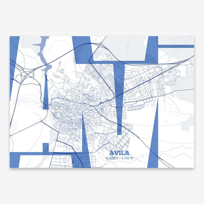 The map of Avila composed with letters from its name or IATA code printed on navy blue and white