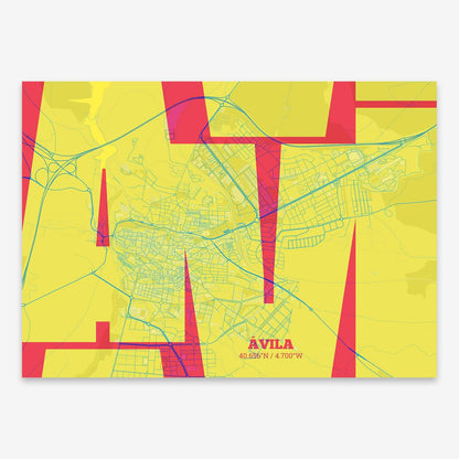 The map of Avila composed with letters from its name or IATA code printed on yellow and fuchsia