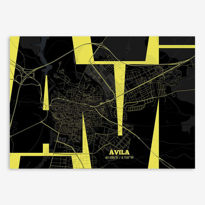 The map of Avila composed with letters from its name or IATA code printed on black and yellow