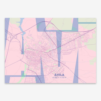 The map of Avila composed with letters from its name or IATA code printed on pink and light blue