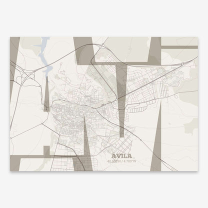 The map of Avila composed with letters from its name or IATA code printed on light brown and an off-white background