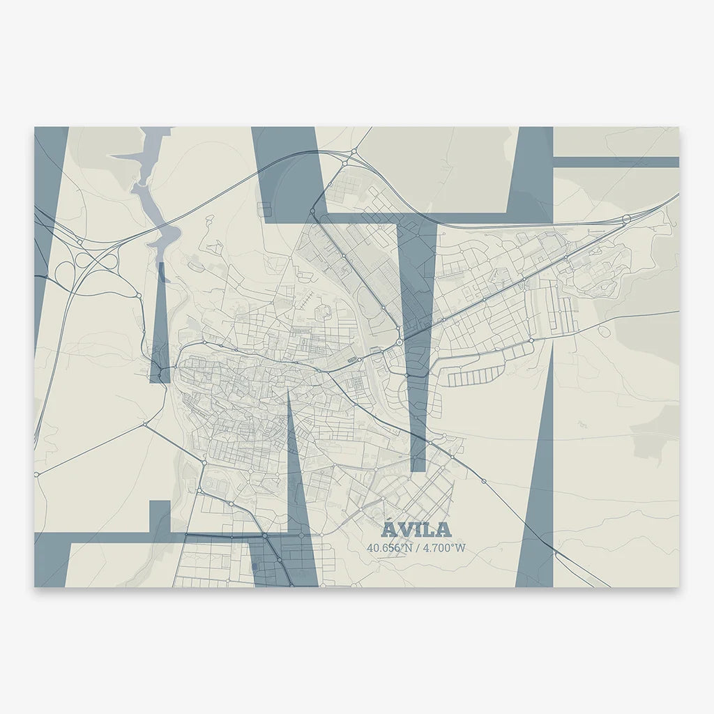 Poster of  composed with letters from its abbreviation or its airport IATA code printed on bluish gray and an off-white background