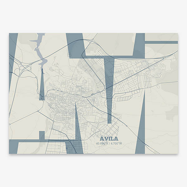 Poster of  composed with letters from its abbreviation or its airport IATA code printed on bluish gray and an off-white background