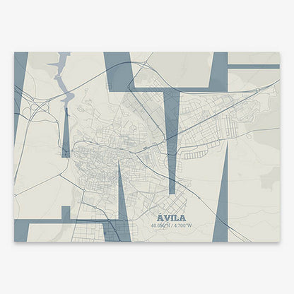 Poster of  composed with letters from its abbreviation or its airport IATA code printed on bluish gray and an off-white background