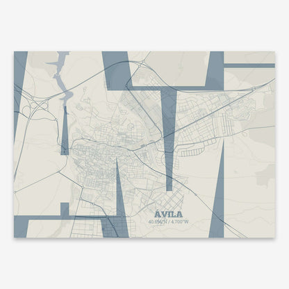 The map of Avila composed with letters from its name or IATA code printed on bluish gray and an off-white background