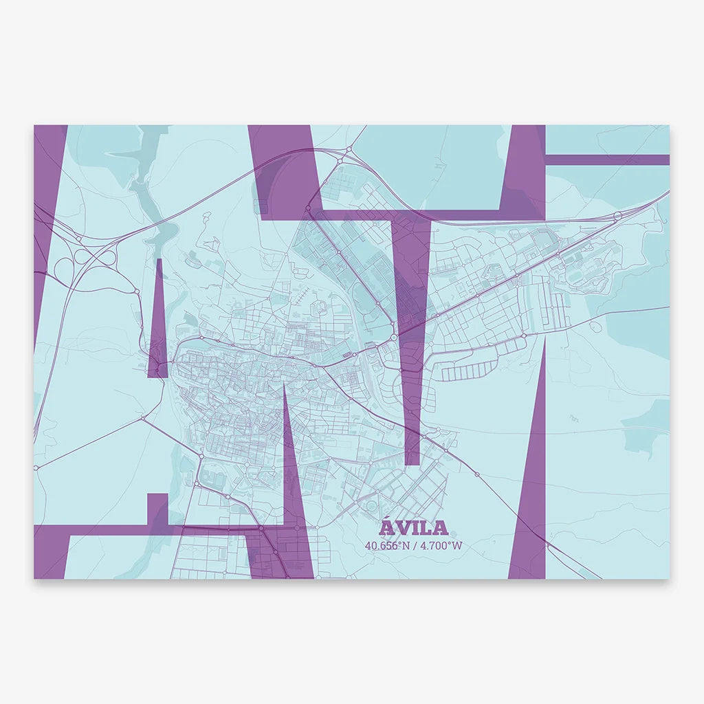 Poster of  composed with letters from its abbreviation or its airport IATA code printed on purple and light blue