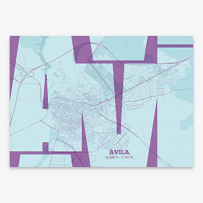 Poster of  composed with letters from its abbreviation or its airport IATA code printed on purple and light blue