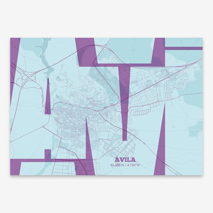 The map of Avila composed with letters from its name or IATA code printed on purple and light blue