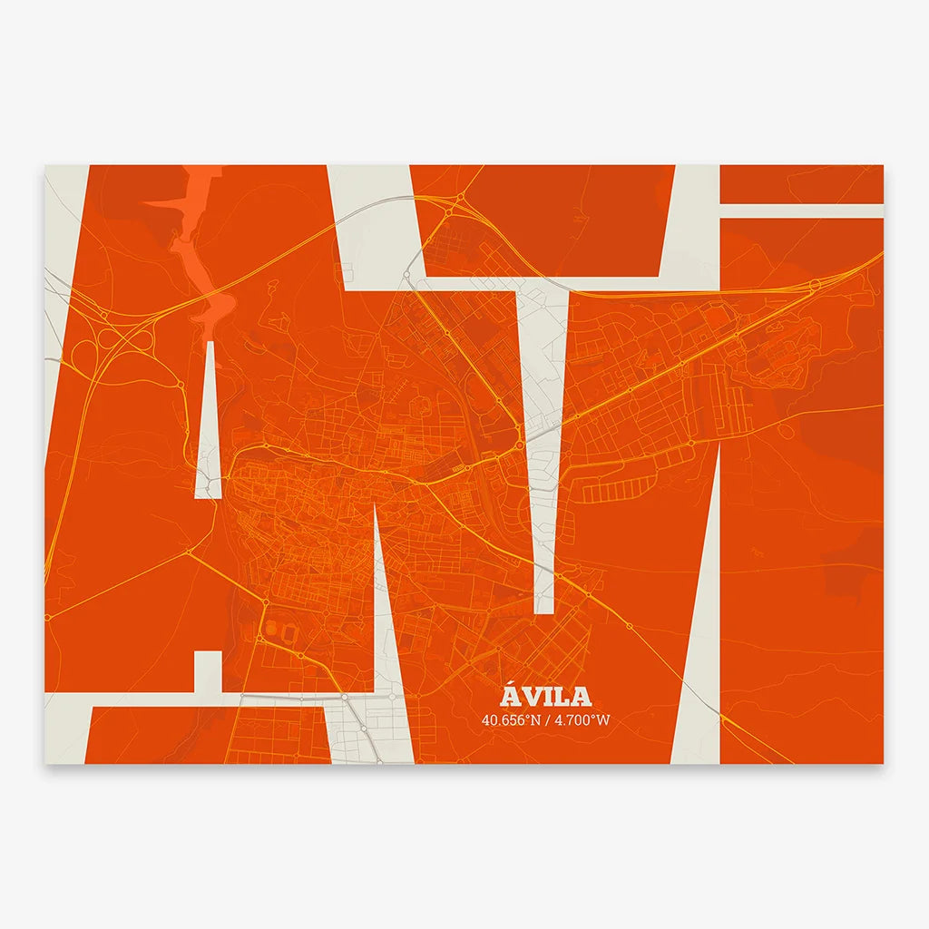 Poster of  composed with letters from its abbreviation or its airport IATA code printed on orange and an off-white background