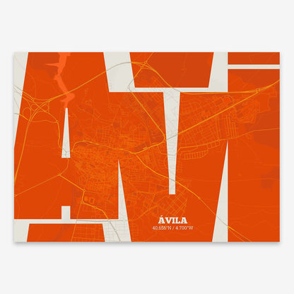 The map of Avila composed with letters from its name or IATA code printed on orange and an off-white background