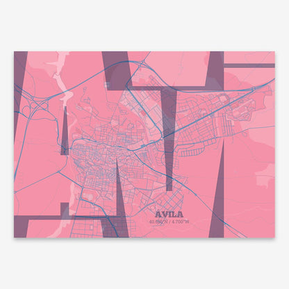 The map of Avila composed with letters from its name or IATA code printed on violet y pink background