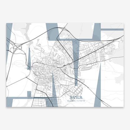 The map of Avila composed with letters from its name or IATA code printed on black and white