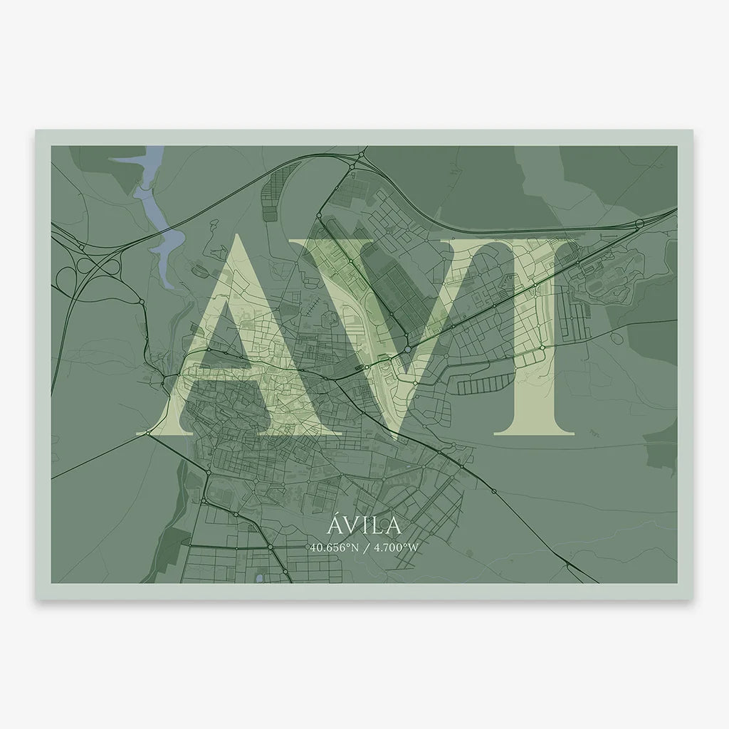 Decorative map of  composed with letters in serif font printed on two green tones