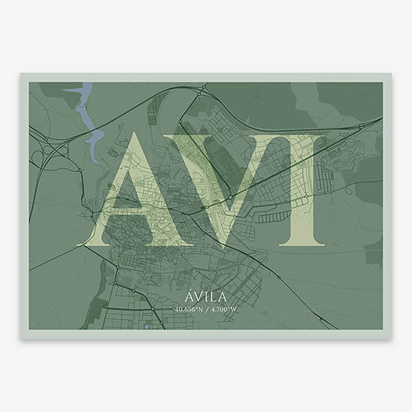 Decorative map of  composed with letters in serif font printed on two green tones