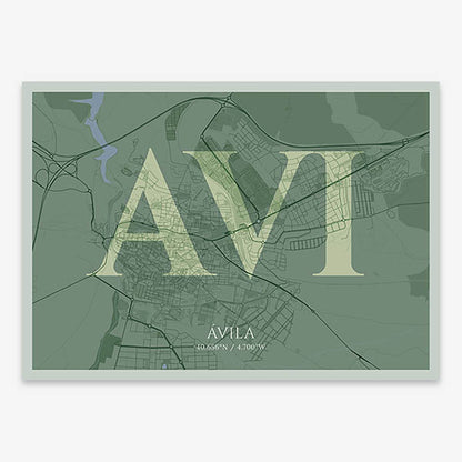 Decorative map of  composed with letters in serif font printed on two green tones