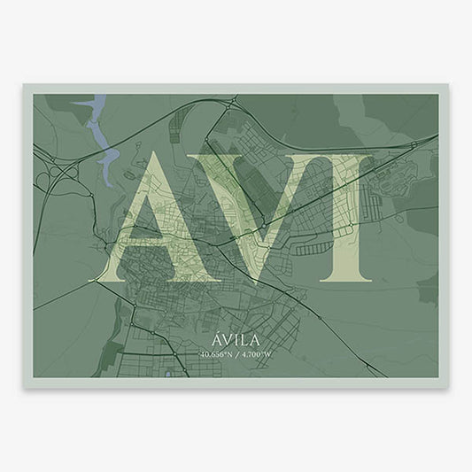 Decorative map of  composed with letters in serif font printed on two green tones