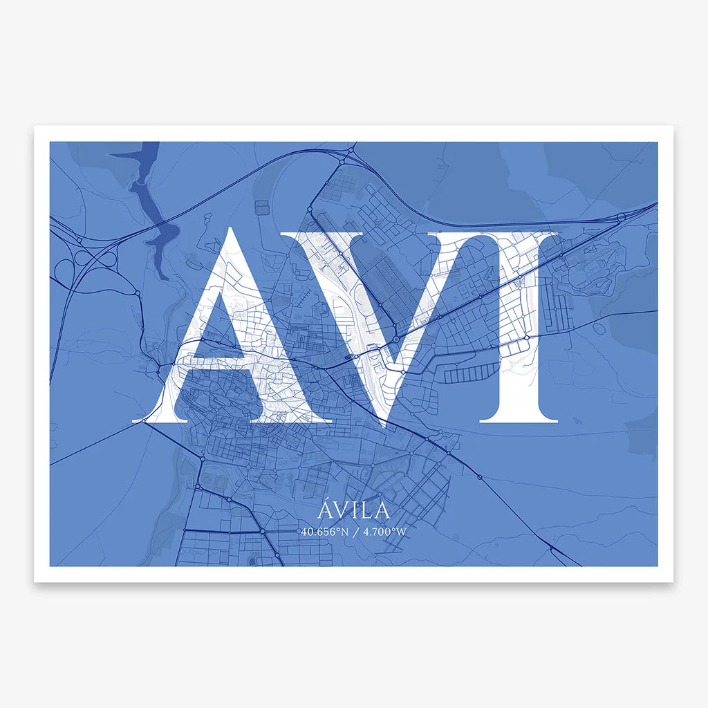 Decorative map of  composed with letters in serif font printed on navy blue and white