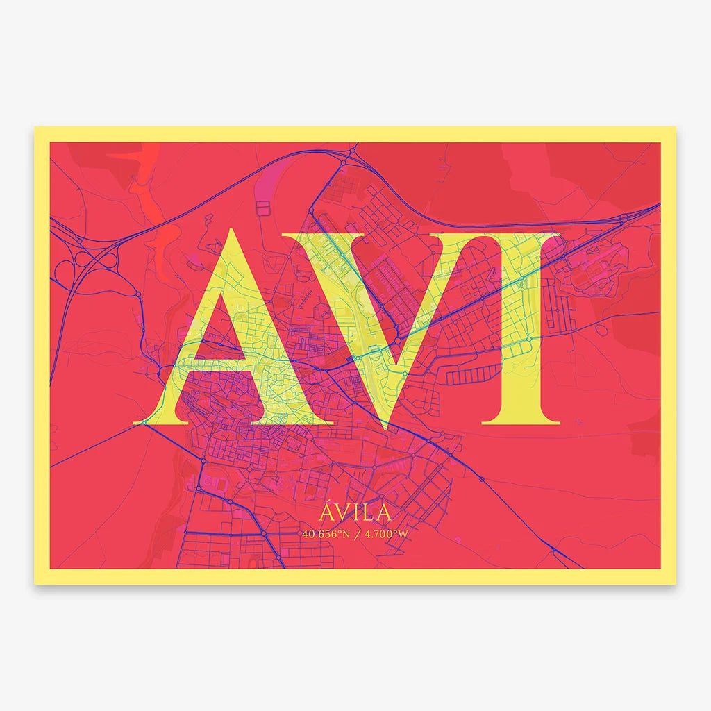 Decorative map of  composed with letters in serif font printed on yellow and fuchsia