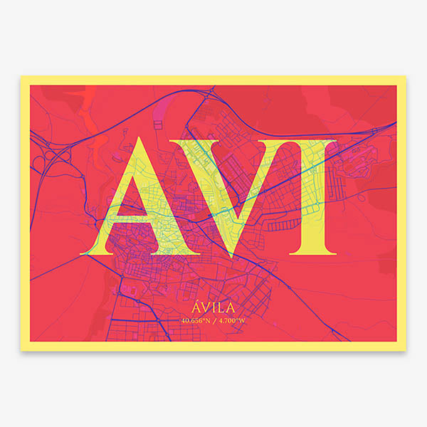 Decorative map of  composed with letters in serif font printed on yellow and fuchsia