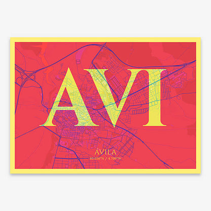Decorative map of  composed with letters in serif font printed on yellow and fuchsia