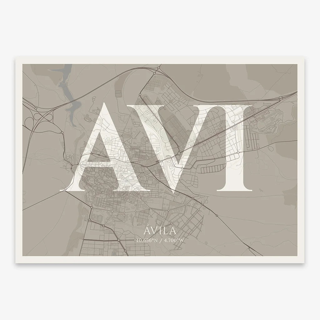 Decorative map of  composed with letters in serif font printed on light brown and an off-white background