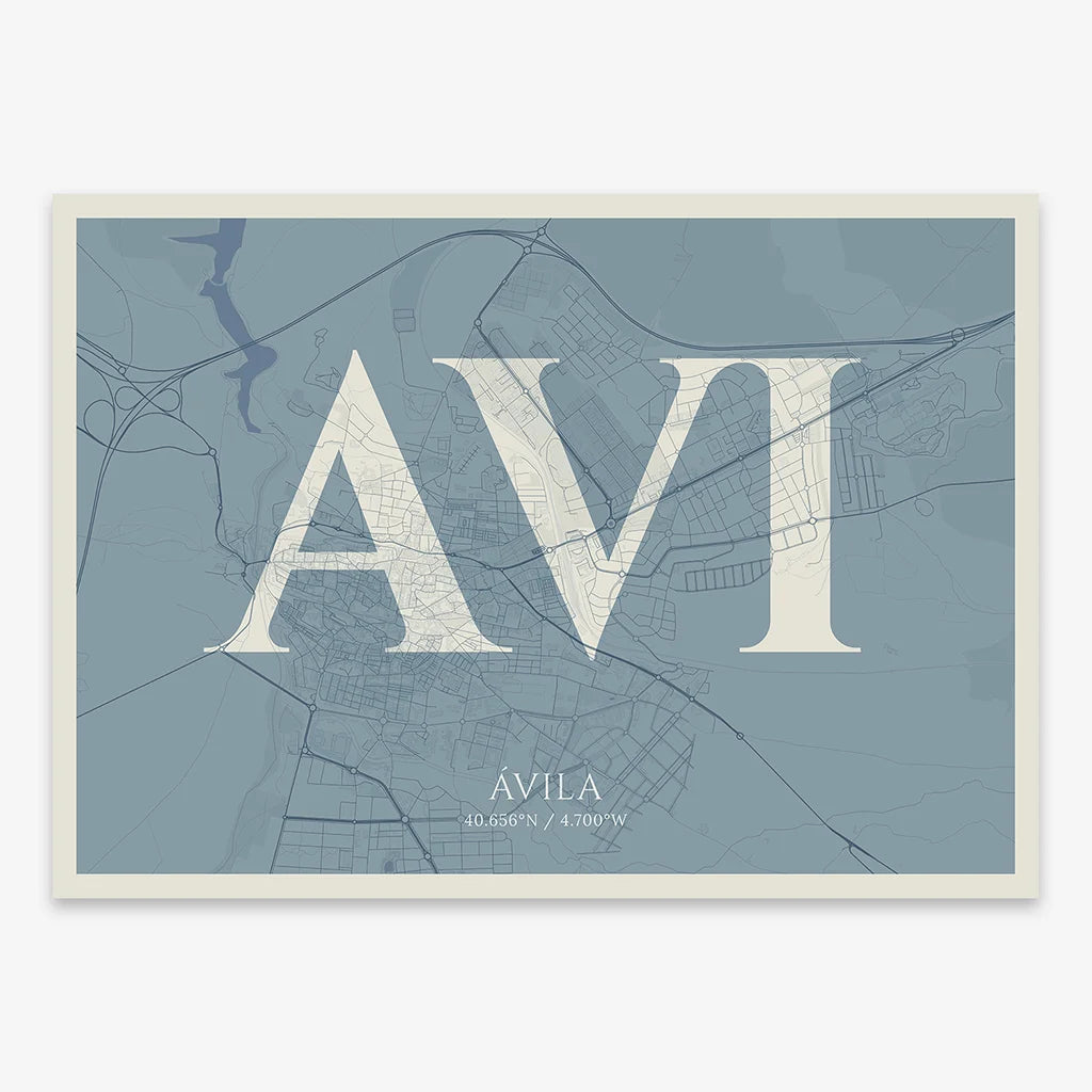 Decorative map of  composed with letters in serif font printed on bluish gray and an off-white background