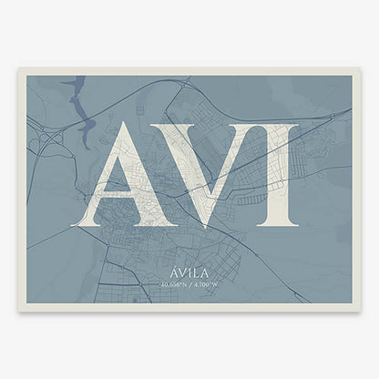 Decorative map of  composed with letters in serif font printed on bluish gray and an off-white background