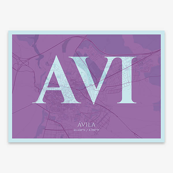 Decorative map of  composed with letters in serif font printed on purple and light blue