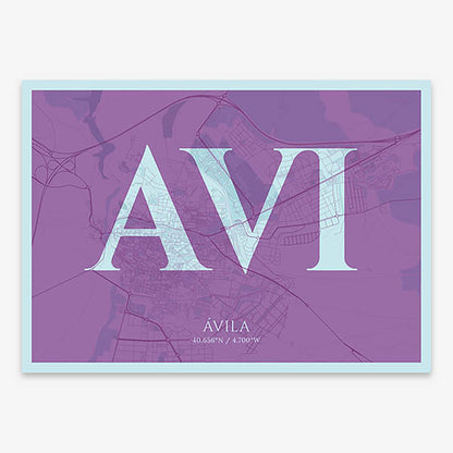 Decorative map of  composed with letters in serif font printed on purple and light blue