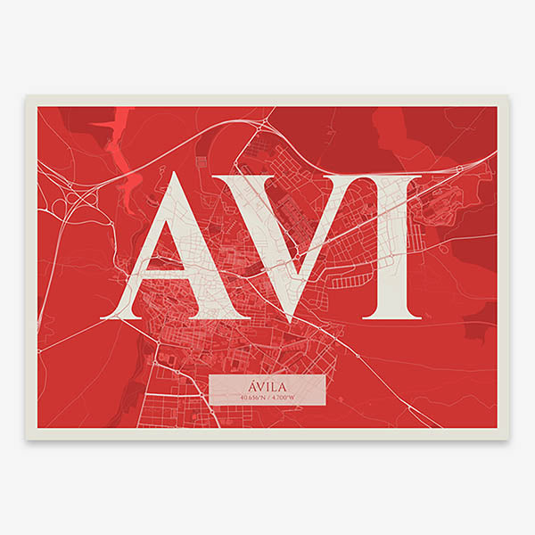 Decorative map of  composed with letters in serif font printed on red and an off-white background