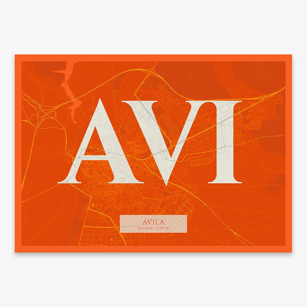 Decorative map of  composed with letters in serif font printed on orange and an off-white background