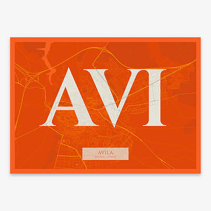 Decorative map of  composed with letters in serif font printed on orange and an off-white background