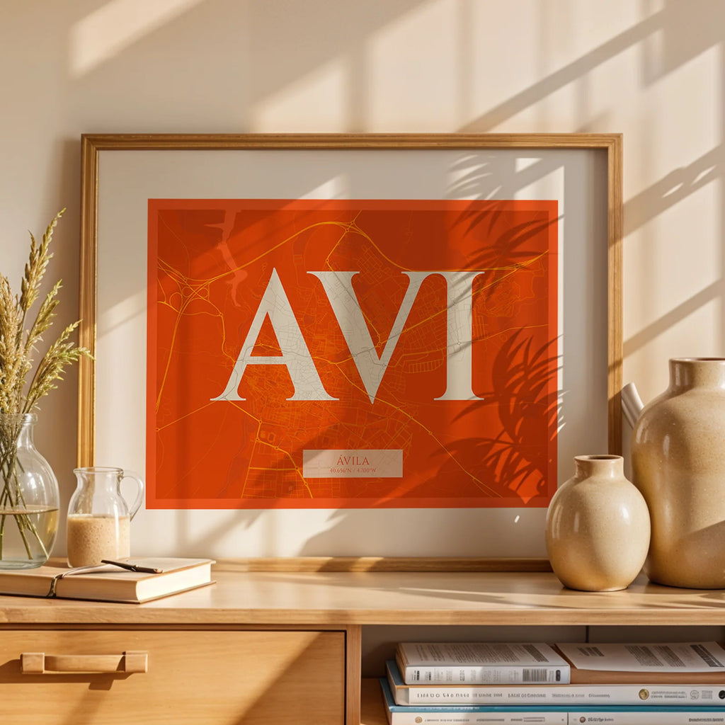Modern interior design with a Avila in Classic design, inspired by chiseled typography with an elegant font that creates a beautiful visual contrast designed in orange and an off-white background, displayed on a living room wall
