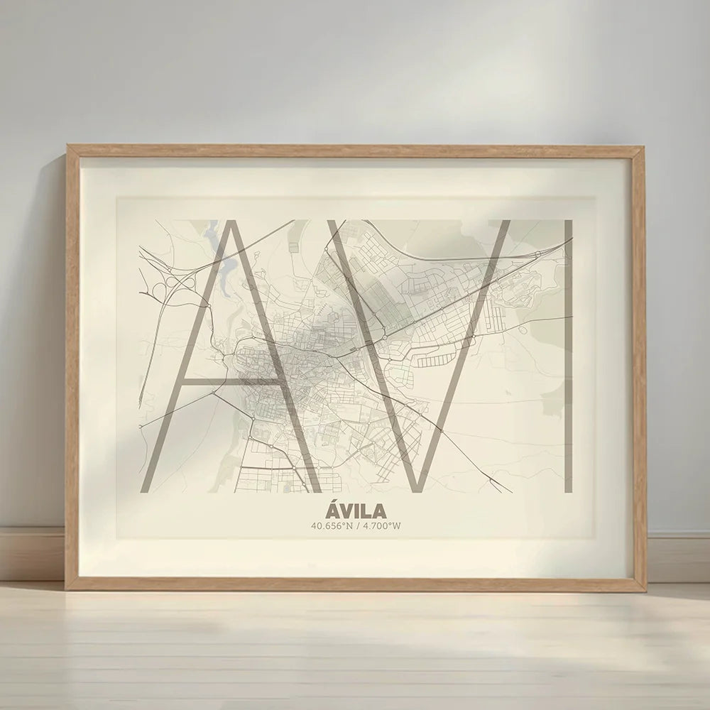 Framed Avila in Ultralight design, a minimalist aesthetic combining urban cartography with modern, extra-thin elegant lettering designed in light brown and an off-white background with a white margin border in a warm lit minimalist setting