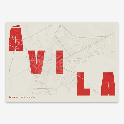 The map of Avila with letters of its name placed randomly, designed in red and an off-white background