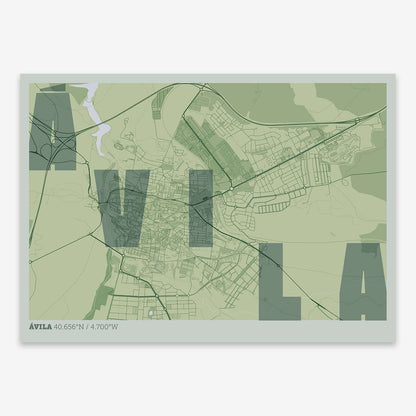 The map of Avila with letters of its name placed randomly, designed in two green tones